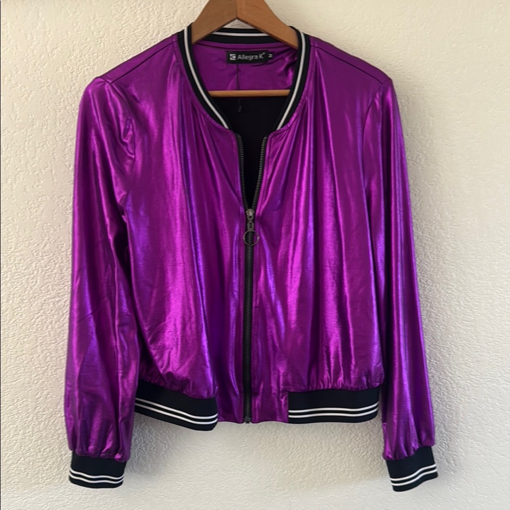 Allegra K Purple Metallic Bomber Jacket